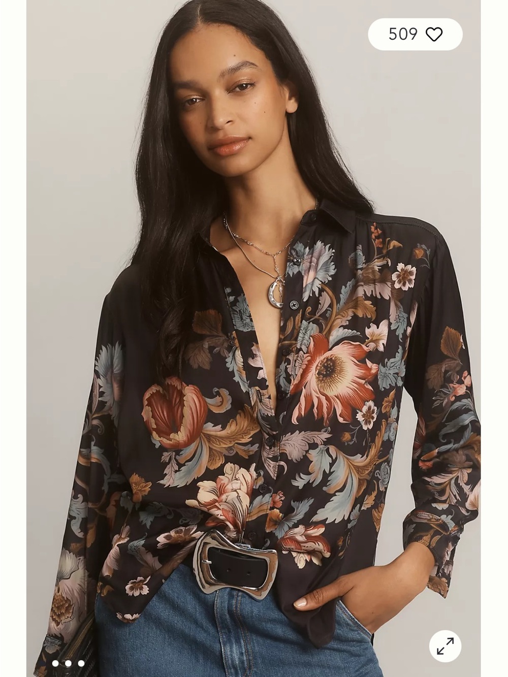 Anthropologie Relaxed Black Floral Satiny Button-Down Shirt Size SP Quiet Luxury
